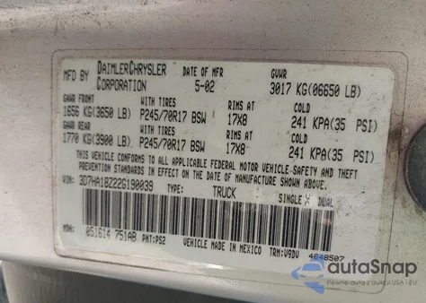 2002 Dodge Ram 1500 St z USA, uszkodzony, nr VIN 3D7HA18Z22G190039